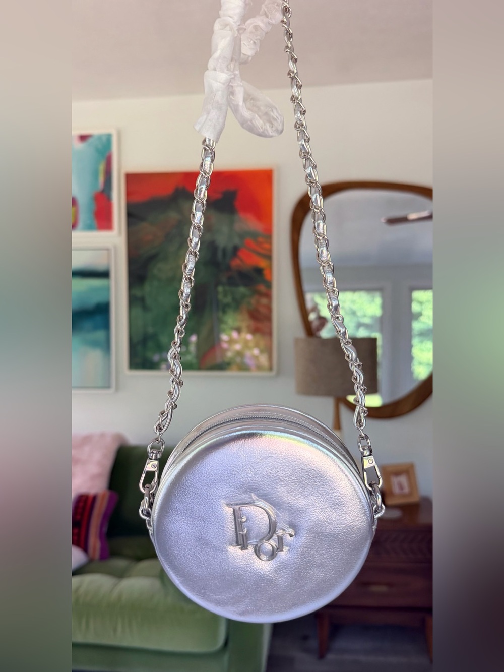 Christian Dior Metallic Silver Round Vanity Pouch on Chain NEW in Original Box